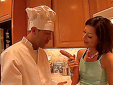 Brunette Pornstar Awarding Her Horny Guy With Blowjob In The Kitchen