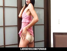 Petite Ladyboy In Pink Lingerie Undresses And Masturbates Until Cumming On Her Stomach