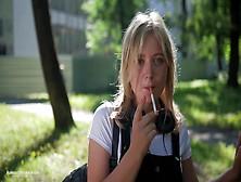 Sweet Polina Is Smoking 120Mm Cork Cigarettes In The Park