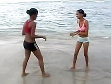 Dominican Girls Sexy Wrestling On Beach Body To Body