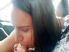 Hot Brunette Sucked The Drivers Cock In The Car, And He Finished It In Her Mouth