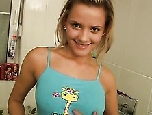 Horny Blonde Teen Masturbates With A Dildo In The Bathroom