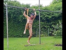 Naked Gay Slave Pig Exposed In Penis Cage Outdoor In Rain Swing At My Testicles Body Writing