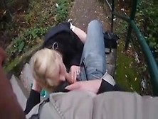 Young Blonde Babe Gives A Blowjob And Gets Nailed From Behind On The Stairs