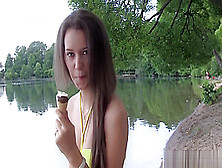 Entertainment.  Beautiful Shameless Young Girl Lucy G.  Posing Naked Outdoor.