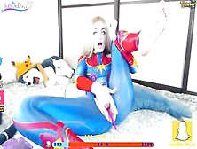 Sweet Blonde Puts On Superhero Cosplay Combined With Pussy Fingering