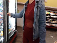Wife In See Through Burgundy Tights And Shirt In Public