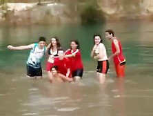 Friends Swim In The Lake In Their Underwear