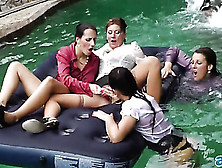 Office Girls In Corporate Attire Enjoy Some Pussy Drilling Action While On The Pool