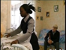 French Ebony Maid Banged In Three-Way With Papy Voyeur