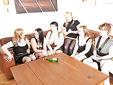 Elegant Bimbos Play Sexy Stripping Spin The Bottle In The Living Room.