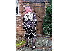 Pink Haired Crossdresser In Sexy Back Satin Dres