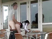 Brunette Waitress Start Sucking Cock And Fucks Lustily With Customer Outdoor In Coffee Shop