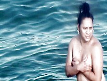Chubby Latina Mom Swims In The See Without Bra