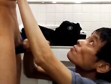 Japanese Gay Helping Friend To Cum In The Public Bathroom
