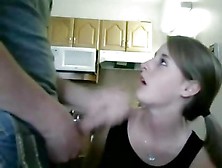 Wonderful Teen Giving Her Man A Blowjob In The Kitchen