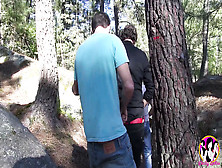 Cheeky Brunette Gets Gangbanged By 3 Cocks In The Forest