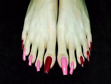 Feetgoddess99 No. 328 Natural Long Toenails Painted In Red & Pink Modeling Pairs Of Thong Sandals