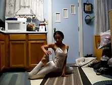 Female Stretching In White Tights Leggings (1-20-10). Flv