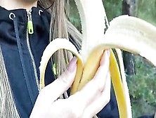 Healthy Breakfast Blowing Gigantic Banana Inside Outdoors
