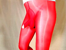 Pantyhose Crossdress Fun - Red Shiny Nylon