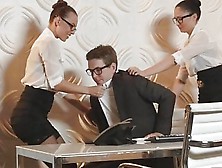 Two Office Babes In Glasses Theesome Sex With Handsome Guy