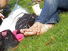Brunette Candid Feet In The Park