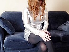 Crossdresser Jerking Off In Shiny Silver Dress And Tights