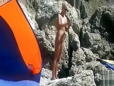 Naked Blonde Hottie Applies Sunscreen