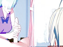 Slim Hentai Cutie With Blue Hair Slobbers On A Huge Dick