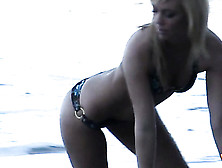 Slender Blonde Shows Off Her Perky Curves At The Beach For Fun.