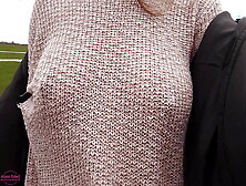 Boobwalk: Walking Braless In A Pink See Through Knitted Sweater