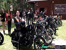 Saucy Biker Babe Spit Roasted By Cocks