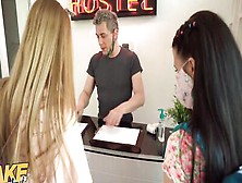 Hostel Owner Gets A Full Licking Treatment From Two Teen Hussies Before A Threesome