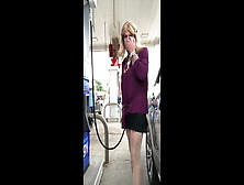 Gas Station In Purple Top And Pantyhose