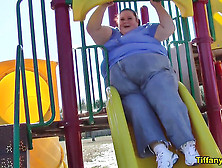Immense Ssbbw Walking,  Taut Slides,  Stuck & Swinging At The Park In Jeans