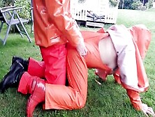 Fucking Cougar Inside Rainwear Into The Garden - Squirt On Butt