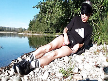 Jon Arteen Wanks Outdoor On A Pebbles Beach,  The Sexy Twink Wearing Short Shorts Cums On His Thigh,  And Cumplay 7 Min