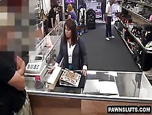 Brunette Tries To Sell Some Cards To The Pawn Shop