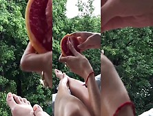 Foot Fetish Goddess Juicy Fruit Porn Sensual Hand Job While Hurricane On The Balcony Solo