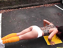Long Haired Girl In White Booty Shorts And Yellow Socks Pulled Aside Her Leopard Color Bodysuit And Enjoying Cock In Her Pussy