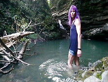 Alexa Cosmic Transgirl Swimming At Waterfall In Shirt And T-Shirt...
