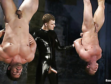 Asian Bdsm Master And His Assistant Jeering Two Hunks With Complicated Bondage And Suspension In Dungeon