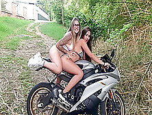 Sara And Her Friend Get Horny With Motorcycle And Have An Orgasm