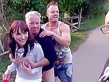 German Housewife Sucks And Then Fucks Two Big Cocks In The Park