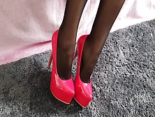 Red Plateau High Heels With Nylon Fetisch