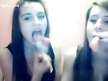 2 Brunettegirls Engulfing Sextoy In Front Of Web Webcam