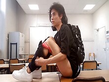 Risky Schoolgirl Adventure: Horny College Twink Drains His Smooth Cock In The Classroom,  Shooting Cum On Classmate's Desk