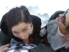 Outdoor Threesome In The Snow - 2 Alluring Bitches Warm Penis
