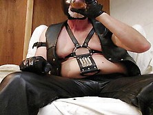 Leather Dad Relaxing After Dinner